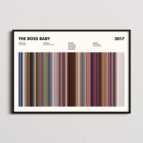 The Boss Baby Movie Barcode Poster framed and photographed straight on