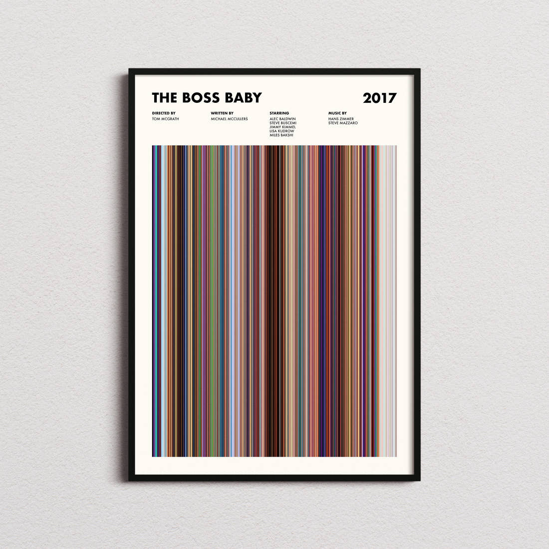 The Boss Baby Movie Barcode Poster framed on a plain studio wall