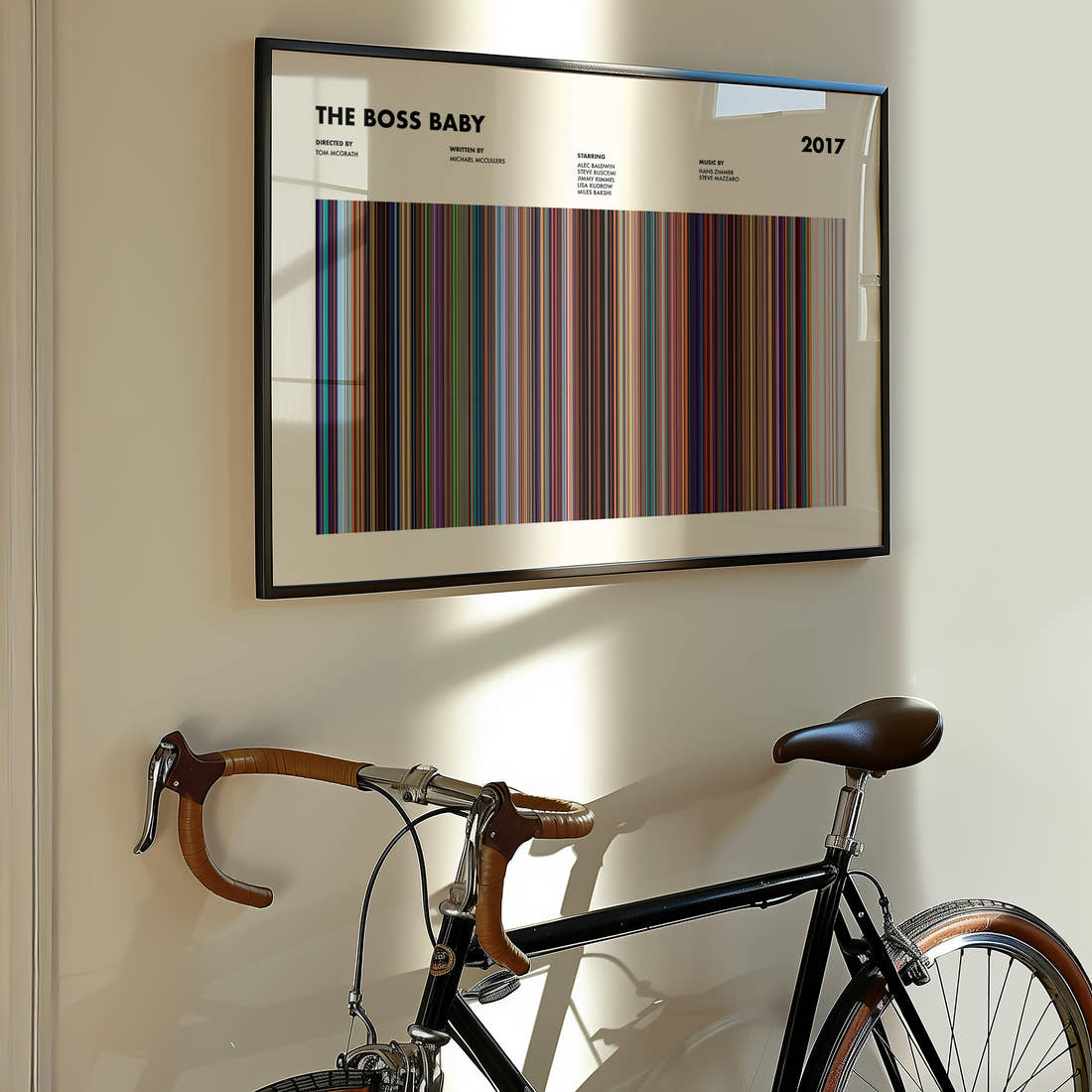 The Boss Baby Movie Barcode Poster framed on the wall of a styled room setting