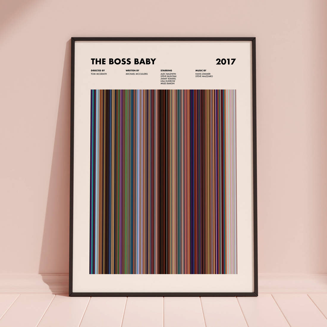 The Boss Baby Movie Barcode Poster framed and leaning against a coloured wall