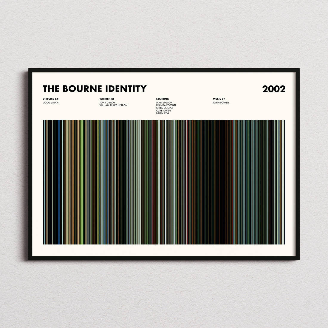 The Bourne Identity Movie Barcode Poster framed and photographed straight on