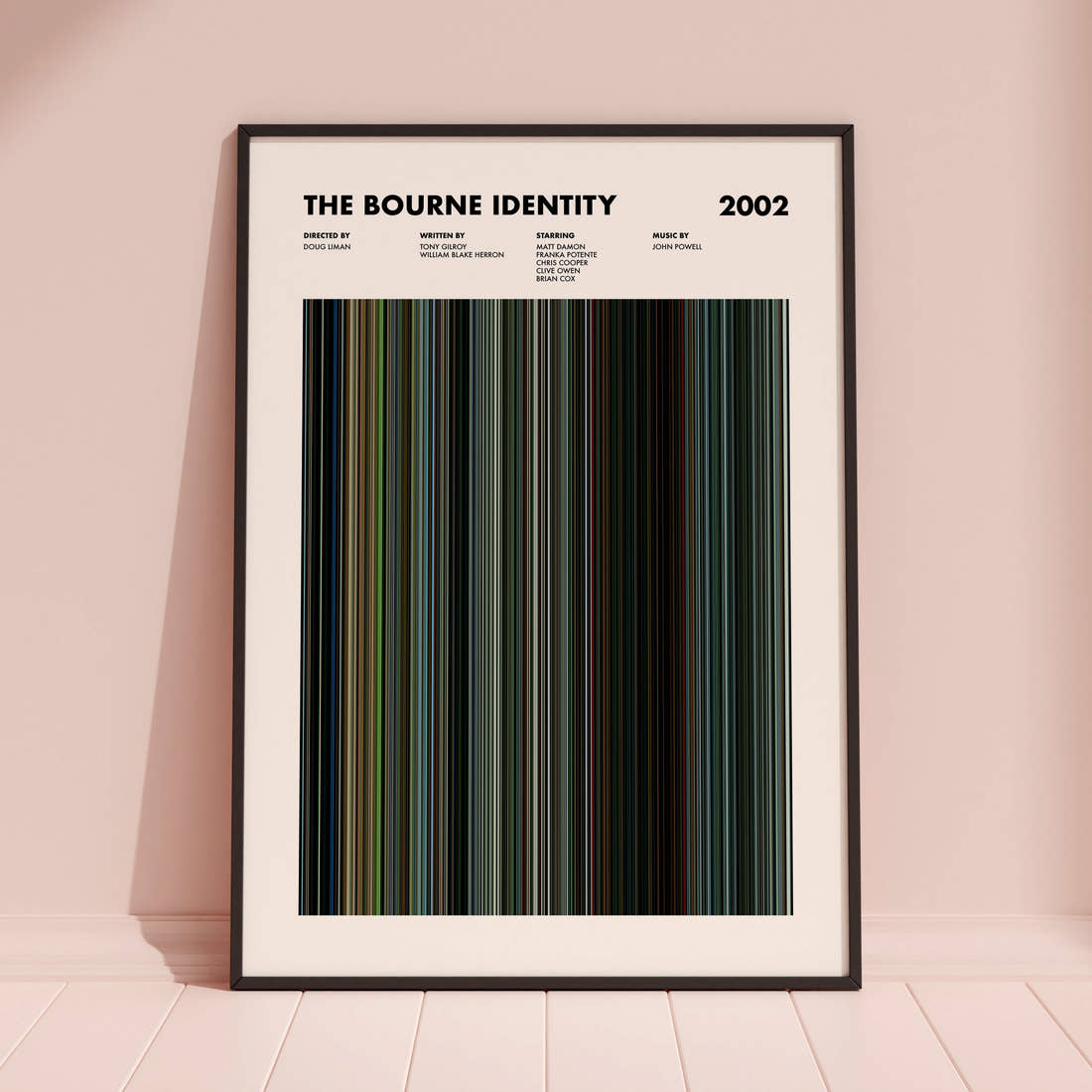 The Bourne Identity Movie Barcode Poster framed and leaning against a coloured wall
