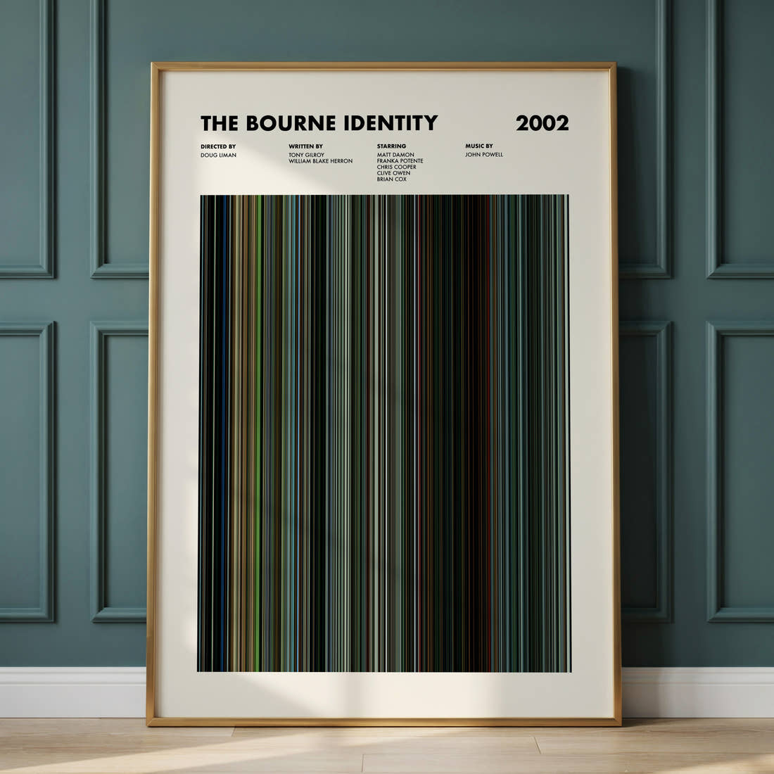 The Bourne Identity Movie Barcode Poster framed and leaning against a panelled wall
