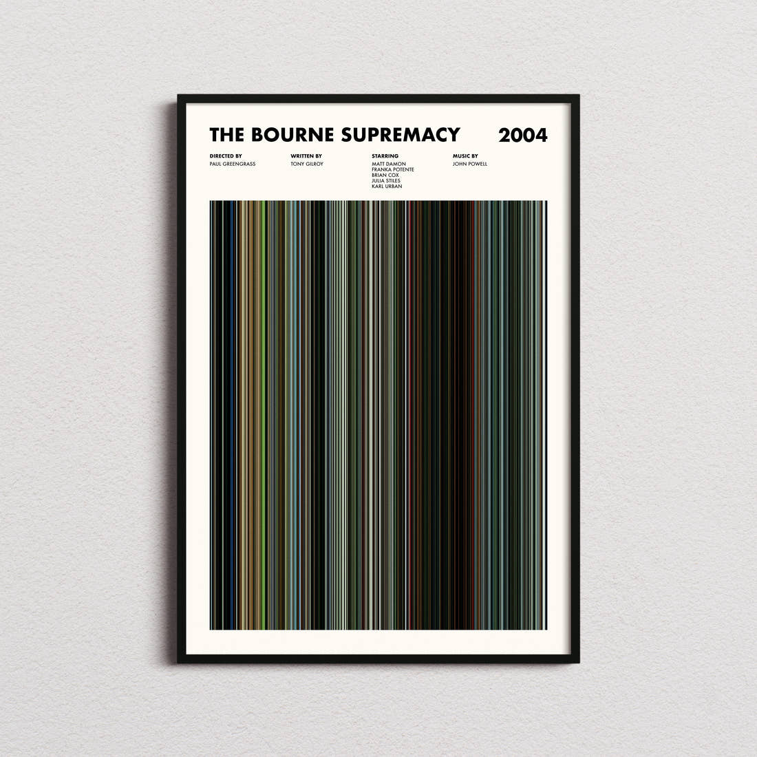 The Bourne Supremacy Movie Barcode Poster framed on a plain studio wall