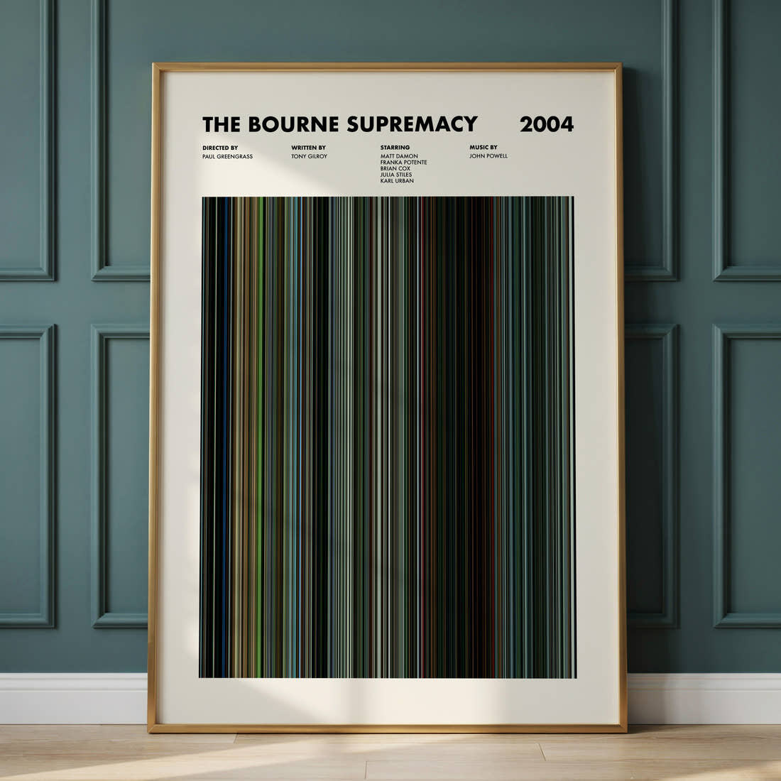 The Bourne Supremacy Movie Barcode Poster framed and leaning against a panelled wall