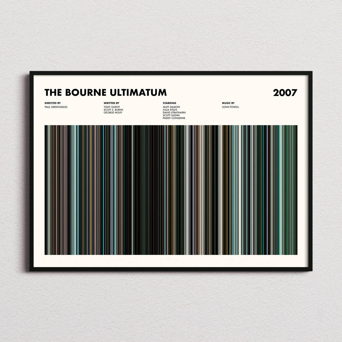 The Bourne Ultimatum Movie Barcode Poster framed and photographed straight on
