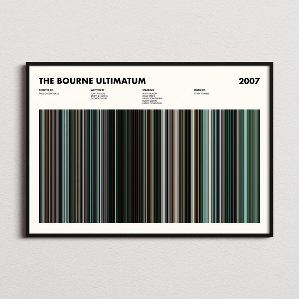 The Bourne Ultimatum Movie Barcode Poster framed and photographed straight on