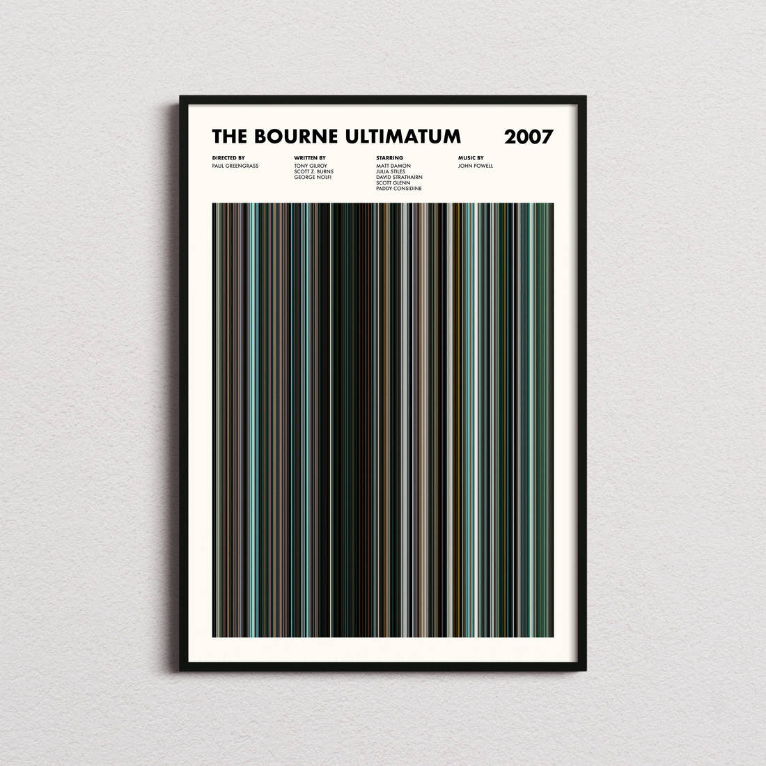 The Bourne Ultimatum Movie Barcode Poster framed on a plain studio wall