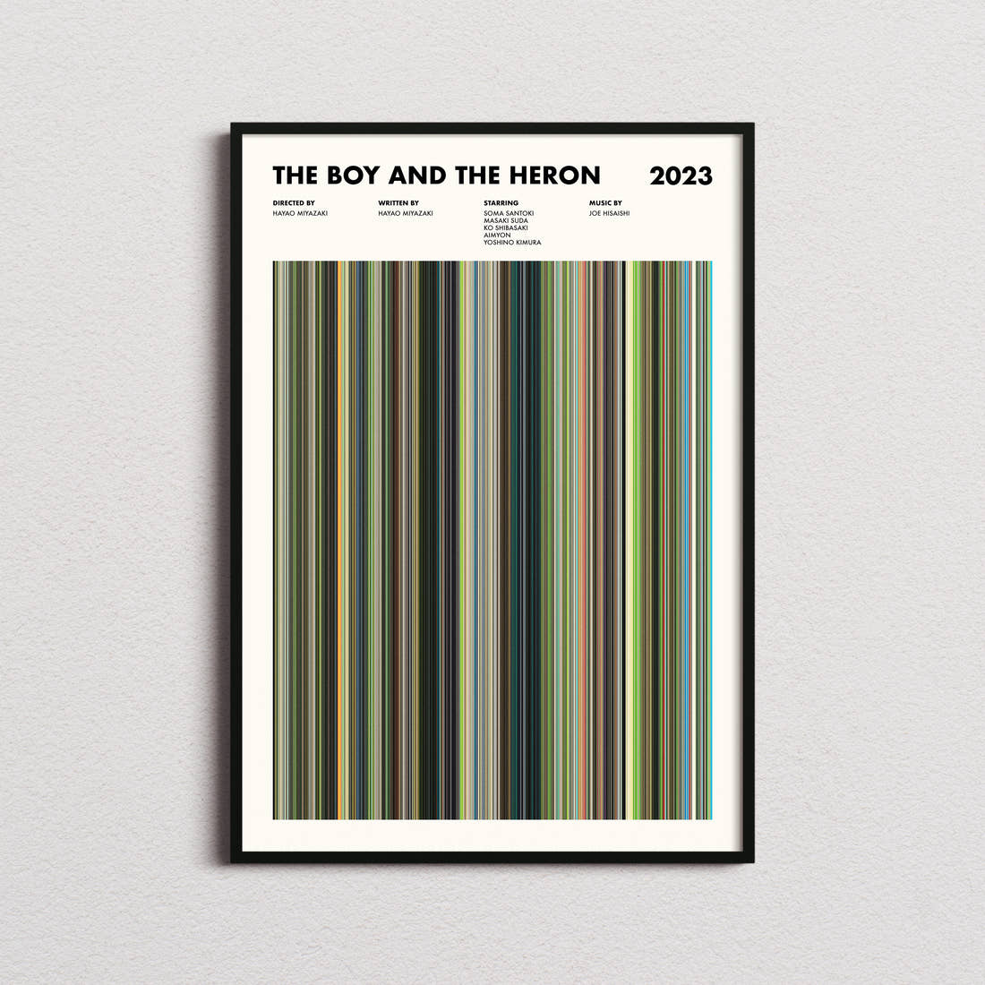 The Boy and the Heron Movie Barcode Poster framed on a plain studio wall