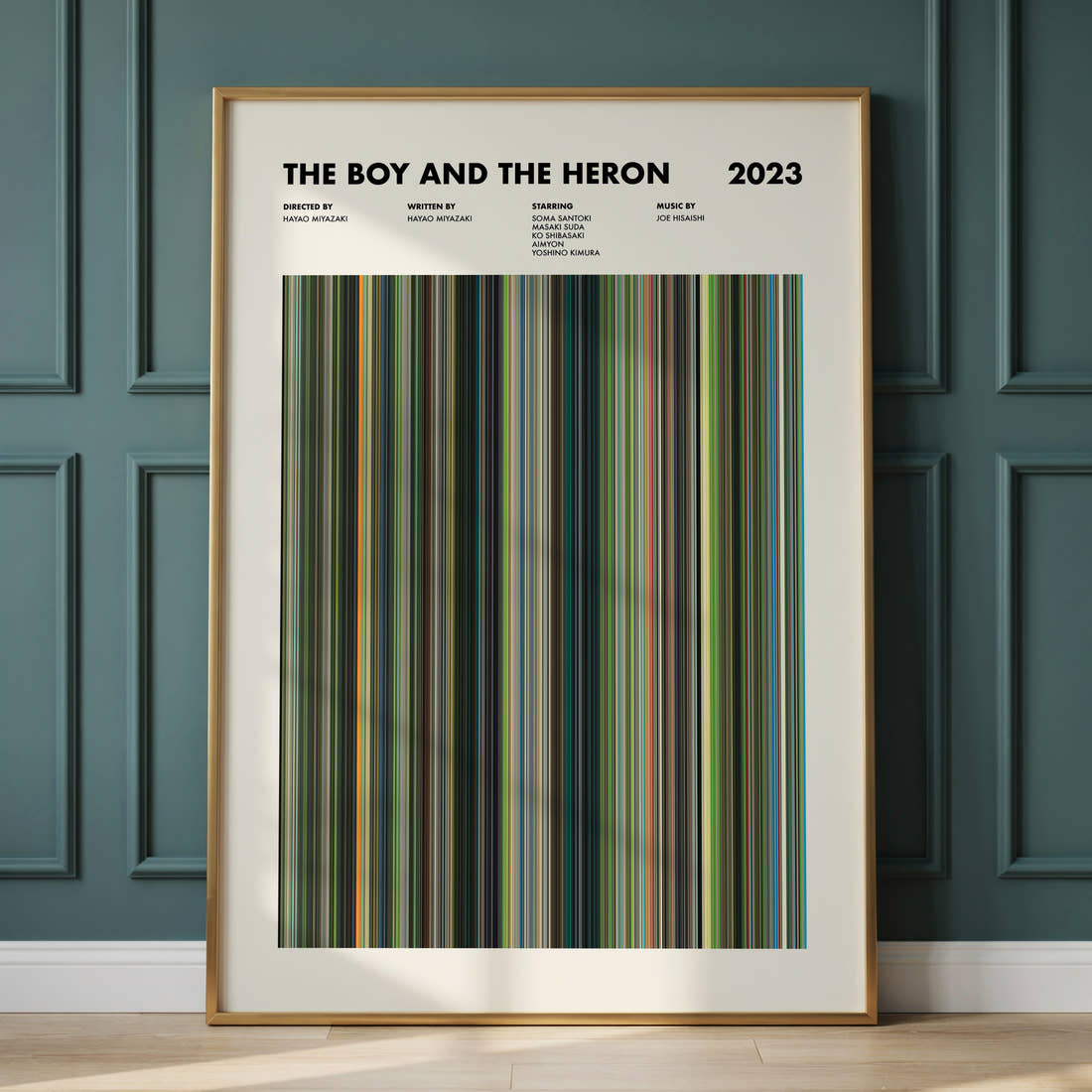 The Boy and the Heron Movie Barcode Poster framed and leaning against a panelled wall