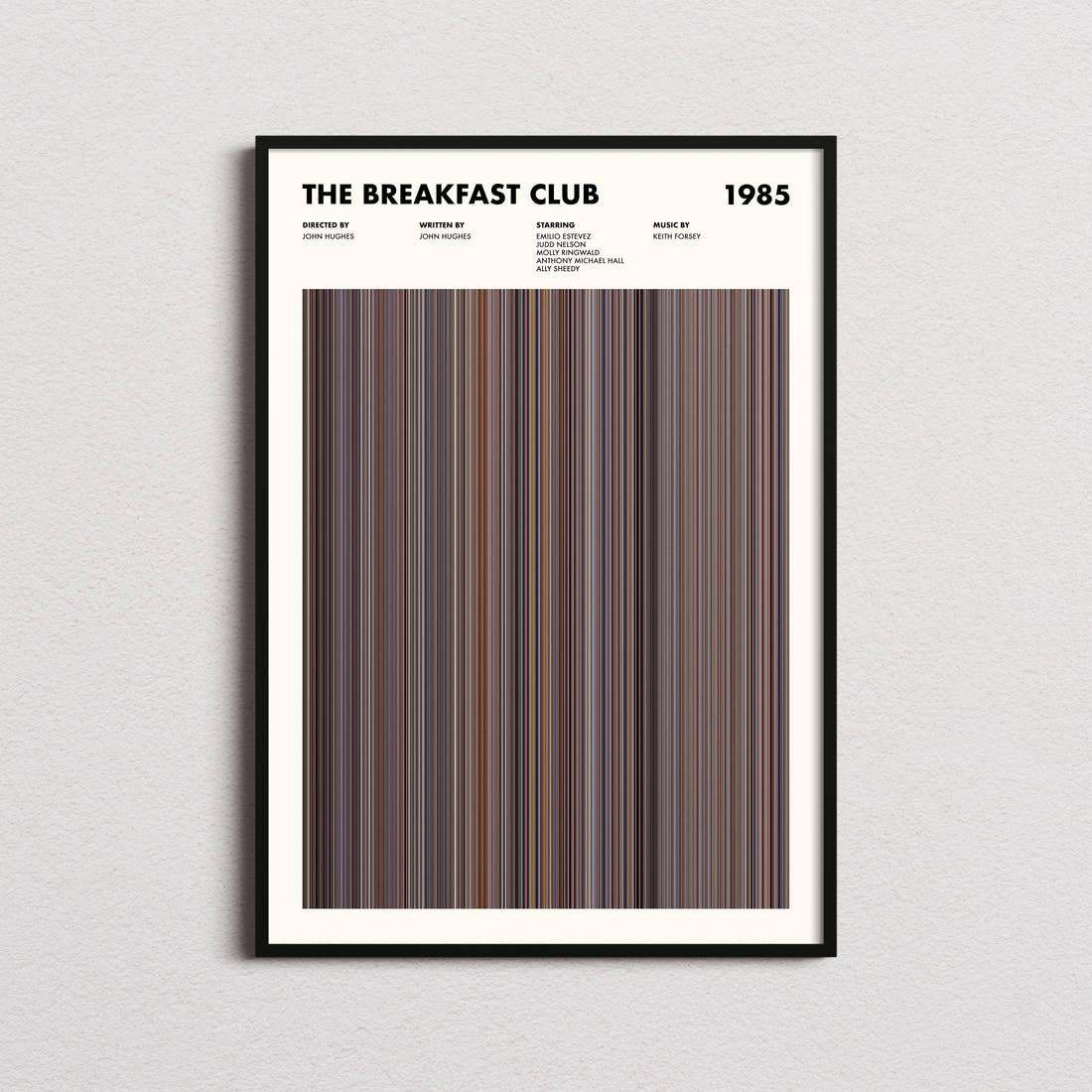 The Breakfast Club Movie Barcode Poster framed on a plain studio wall