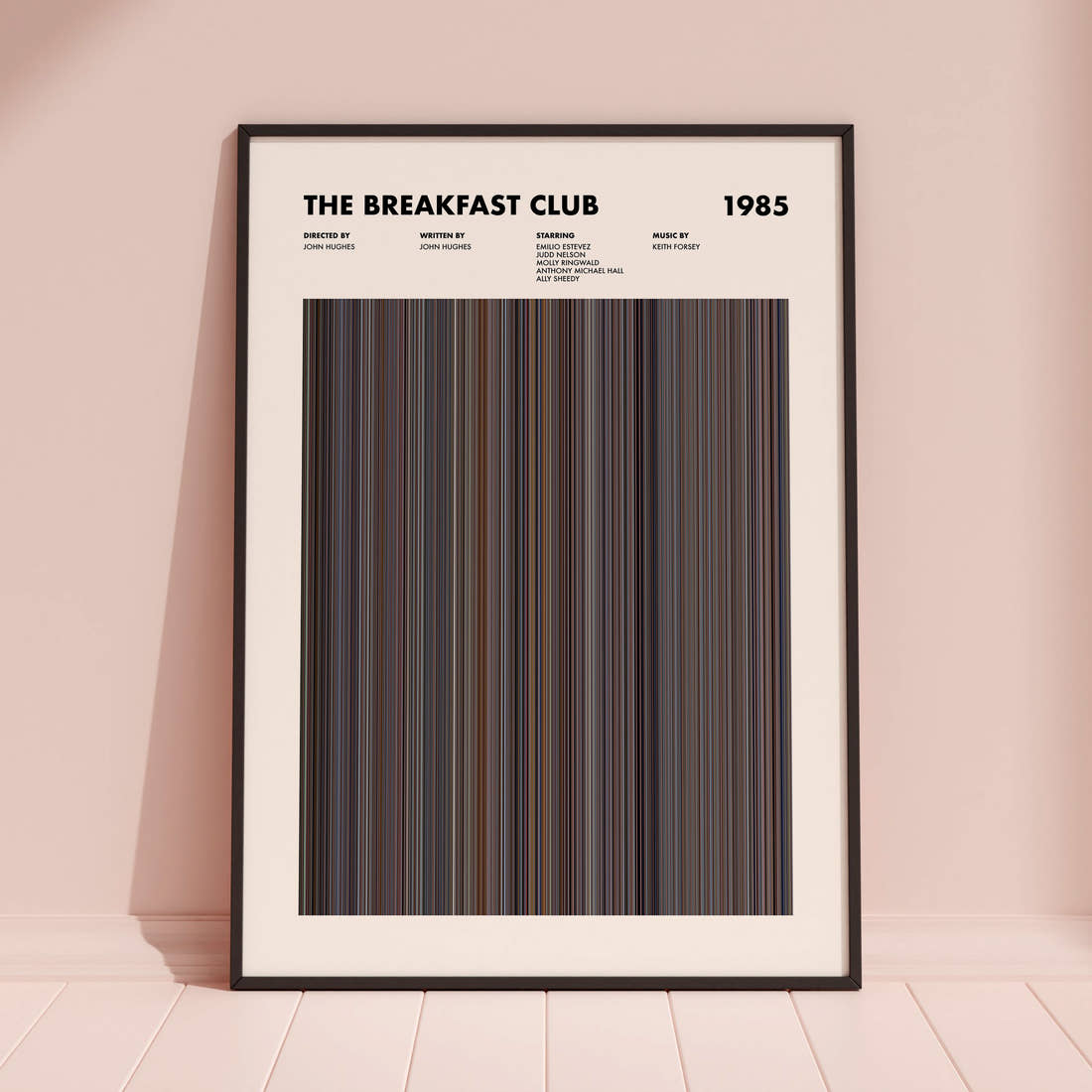 The Breakfast Club Movie Barcode Poster framed and leaning against a coloured wall