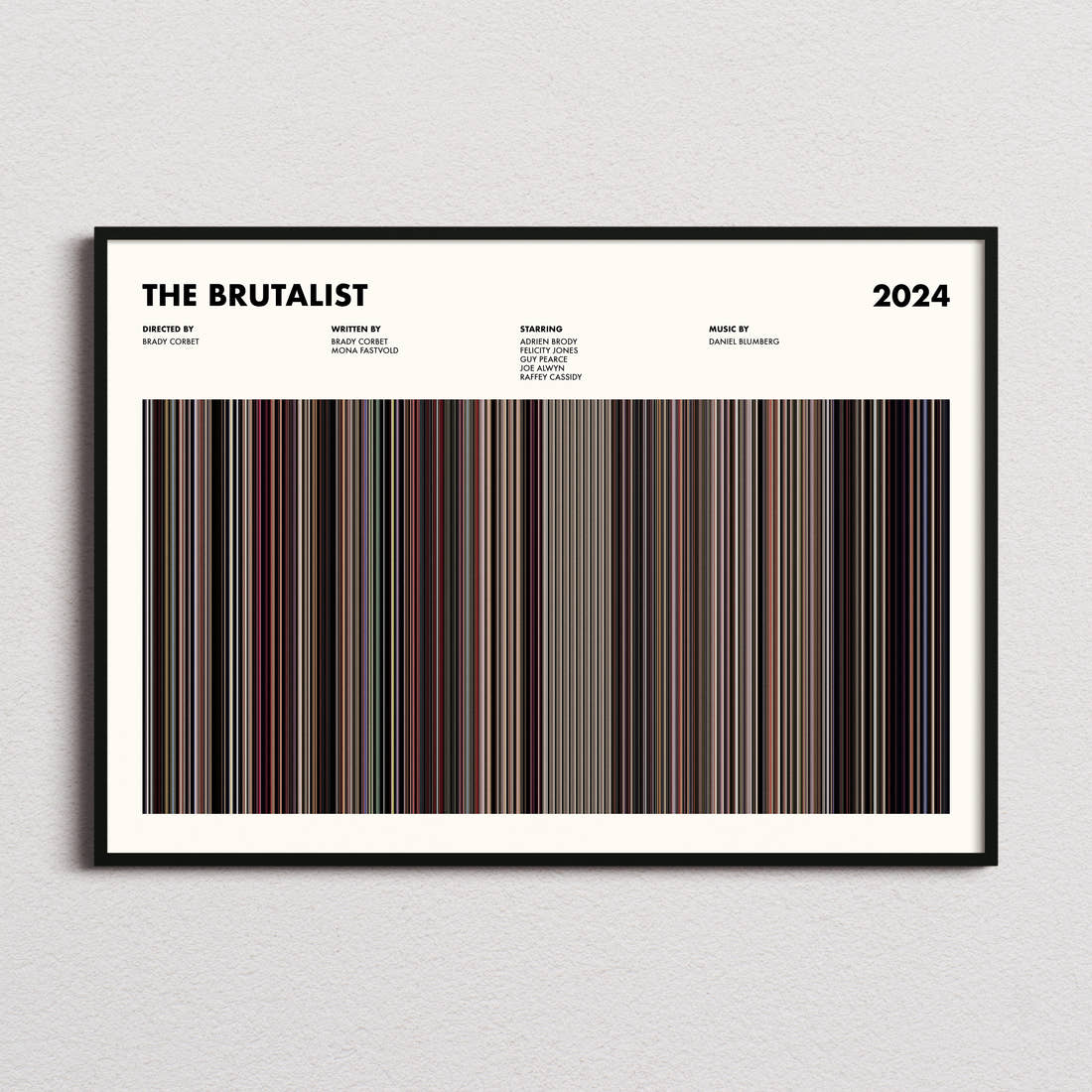 The Brutalist Movie Barcode Poster framed and photographed straight on