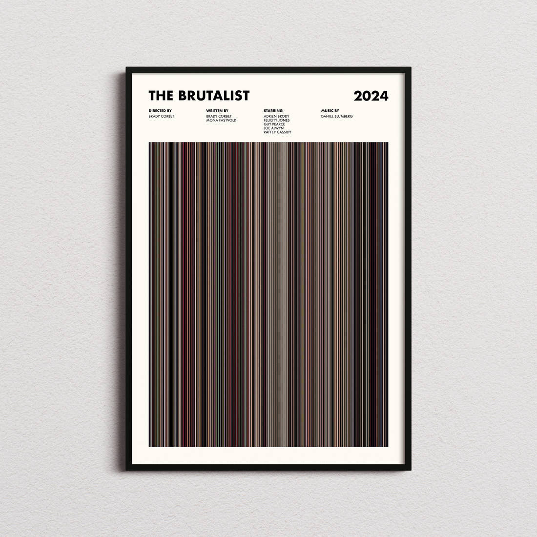 The Brutalist Movie Barcode Poster framed on a plain studio wall