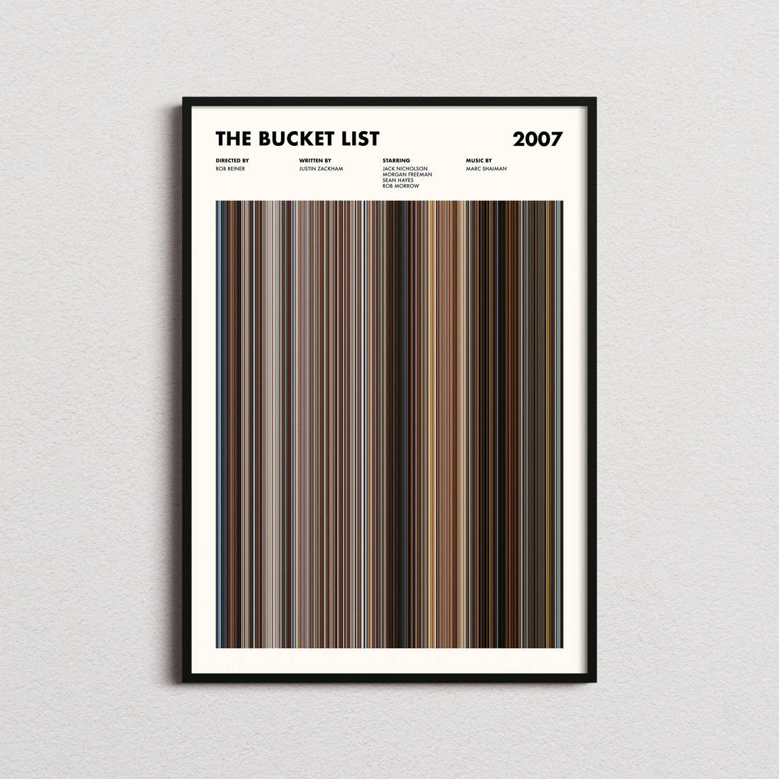 The Bucket List Movie Barcode Poster framed on a plain studio wall
