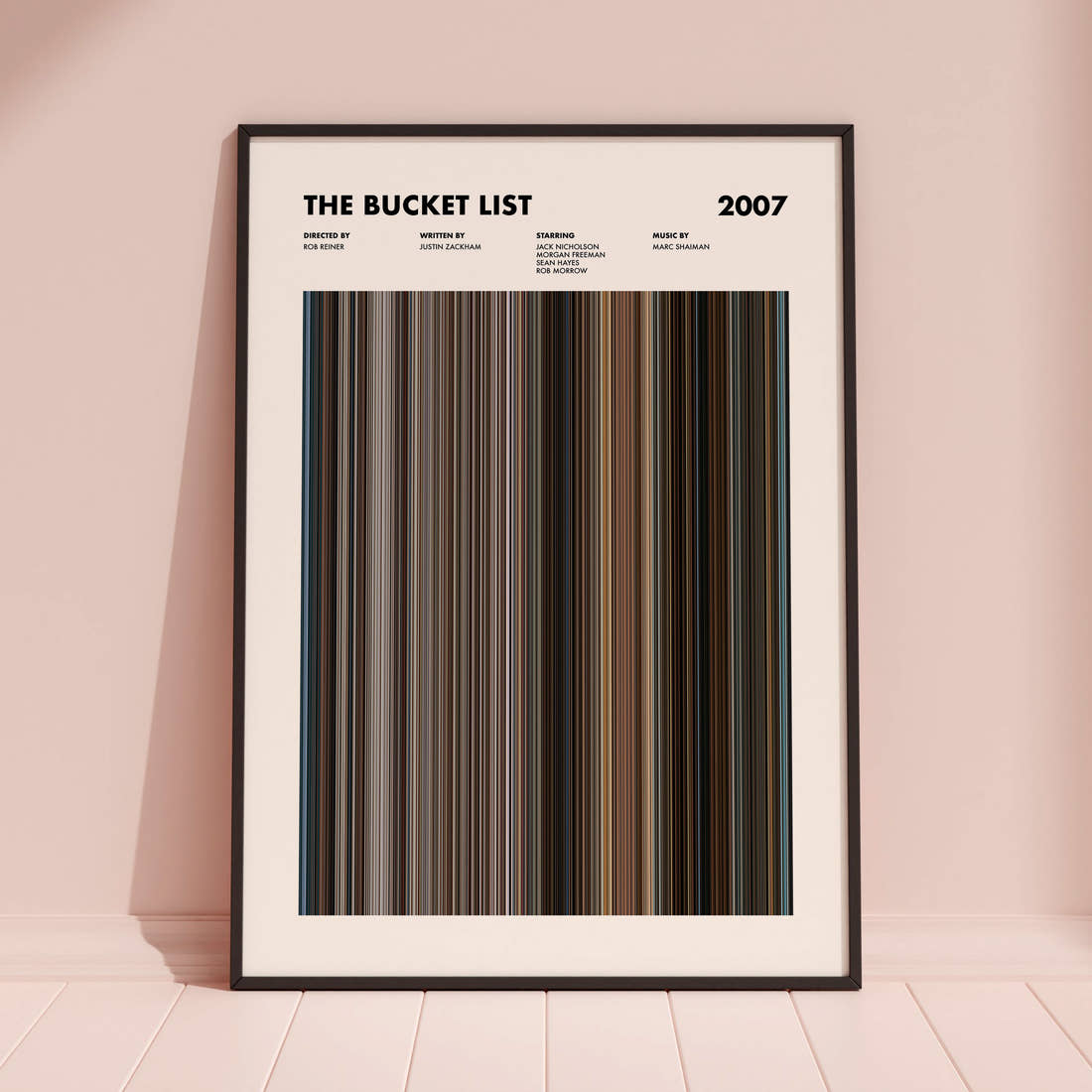 The Bucket List Movie Barcode Poster framed and leaning against a coloured wall