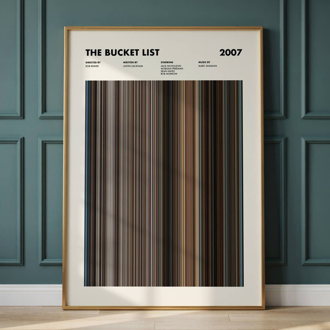 The Bucket List Movie Barcode Poster framed and leaning against a panelled wall
