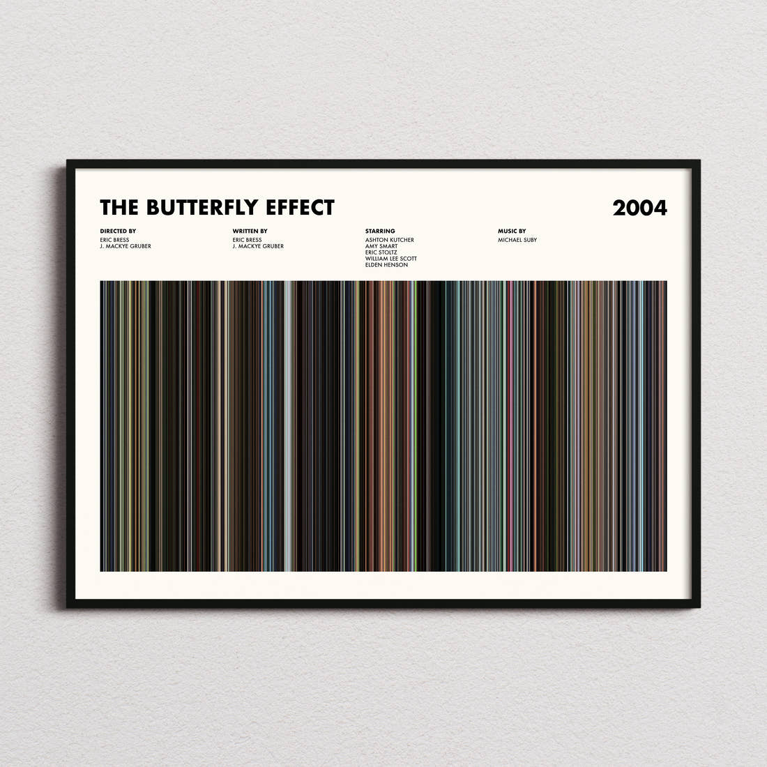 The Butterfly Effect Movie Barcode Poster framed and photographed straight on