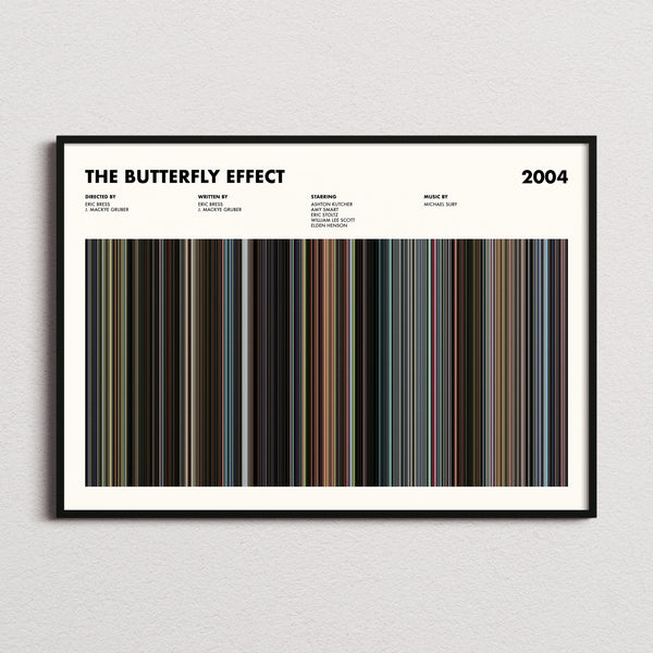 The Butterfly Effect Movie Barcode Poster framed and photographed straight on