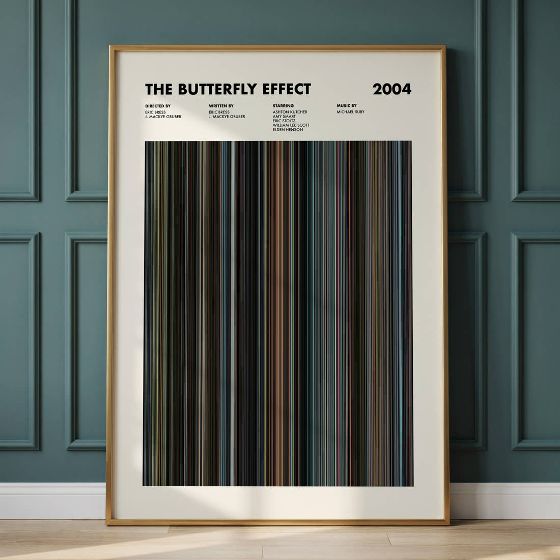 The Butterfly Effect Movie Barcode Poster framed and leaning against a panelled wall