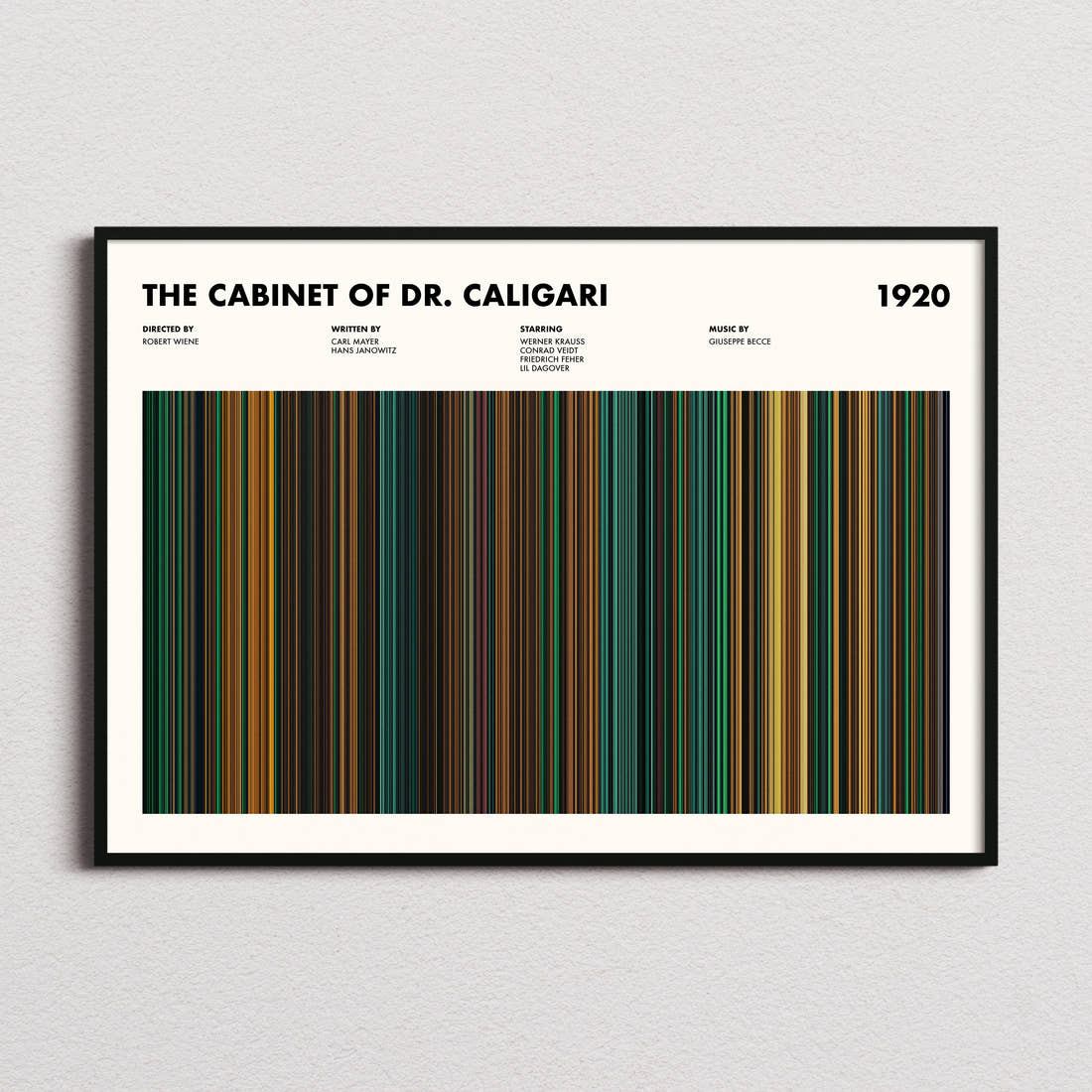 The Cabinet of Dr. Caligari Movie Barcode Poster framed and photographed straight on