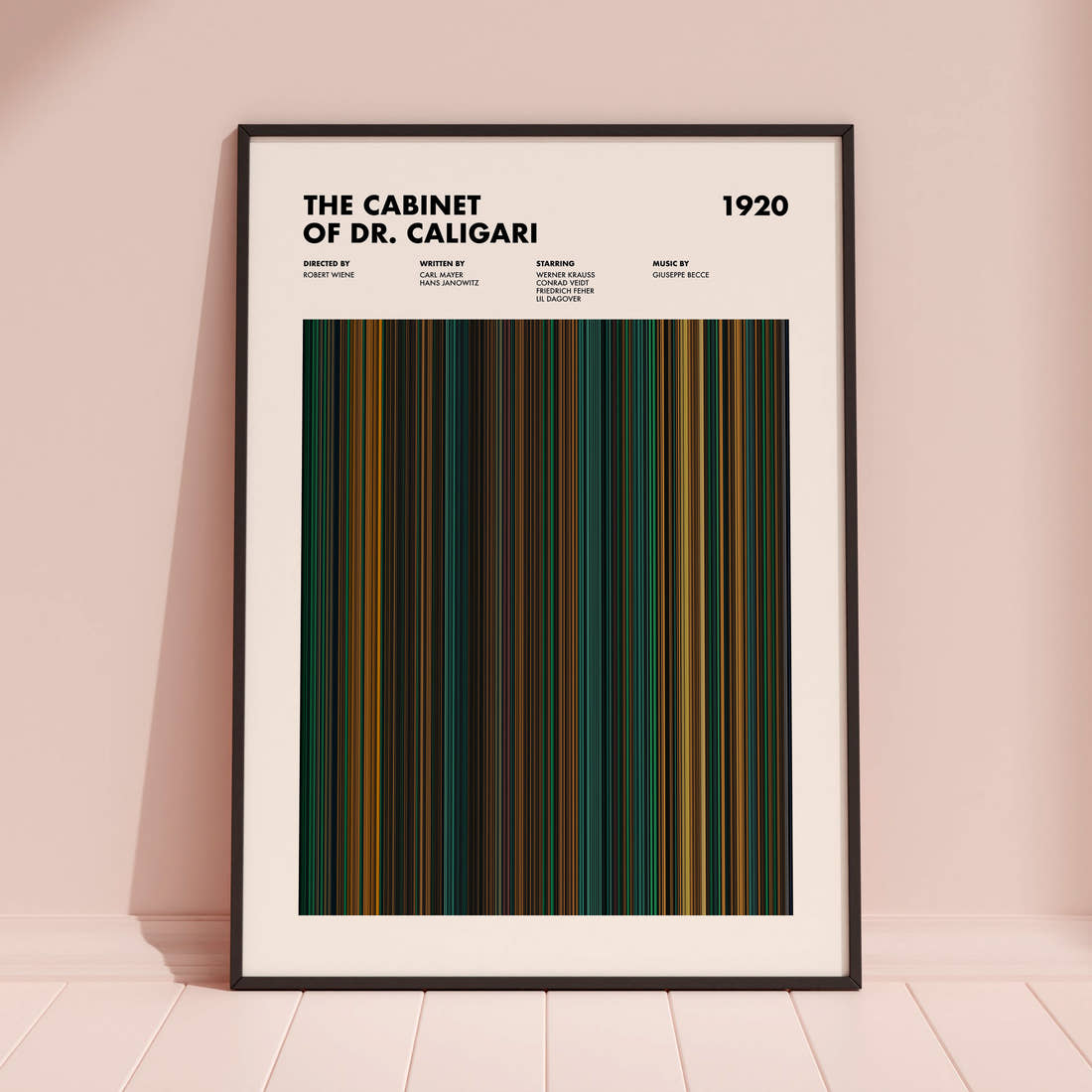 The Cabinet of Dr. Caligari Movie Barcode Poster framed and leaning against a coloured wall