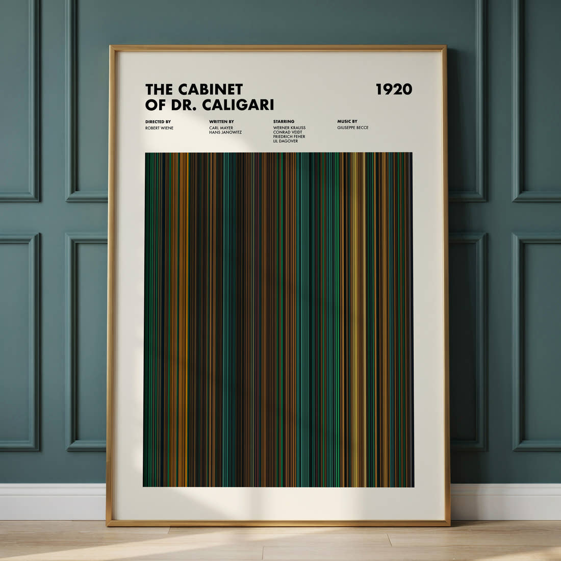 The Cabinet of Dr. Caligari Movie Barcode Poster framed and leaning against a panelled wall