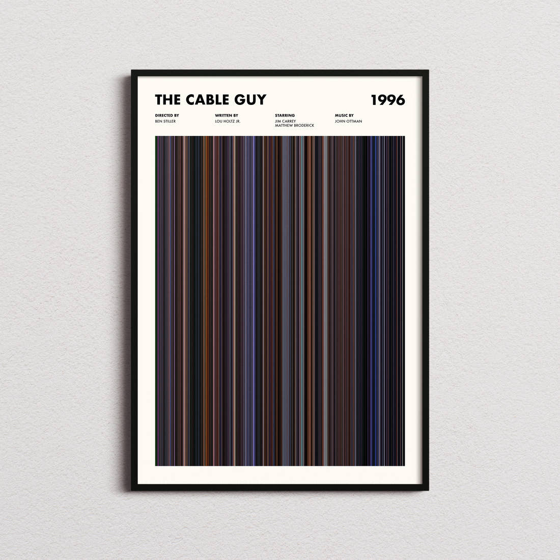 The Cable Guy Movie Barcode Poster framed on a plain studio wall