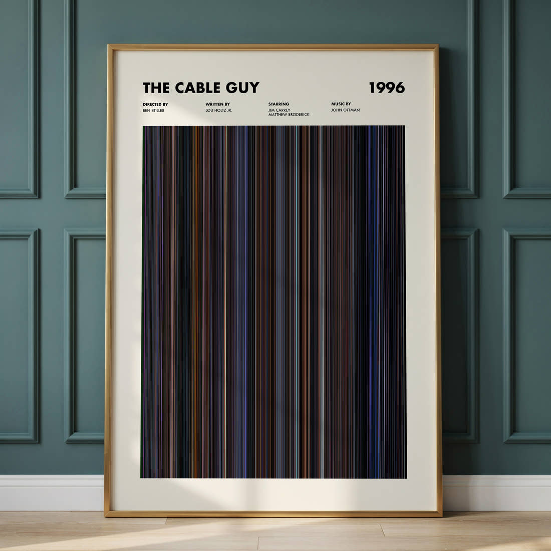 The Cable Guy Movie Barcode Poster framed and leaning against a panelled wall