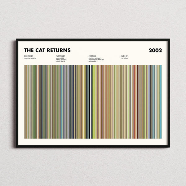 The Cat Returns Movie Barcode Poster framed and photographed straight on