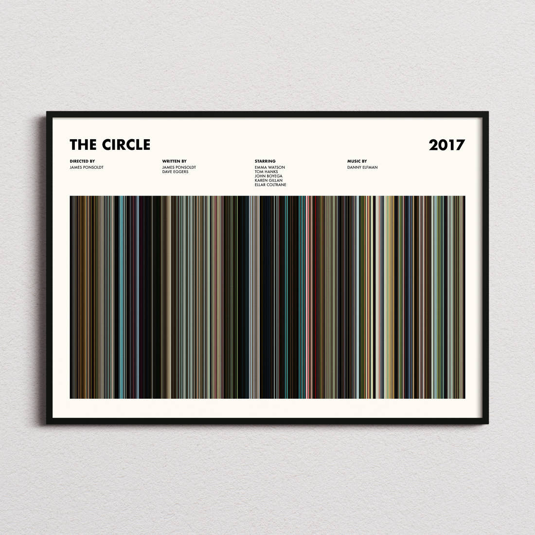 The Circle Movie Barcode Poster framed and photographed straight on