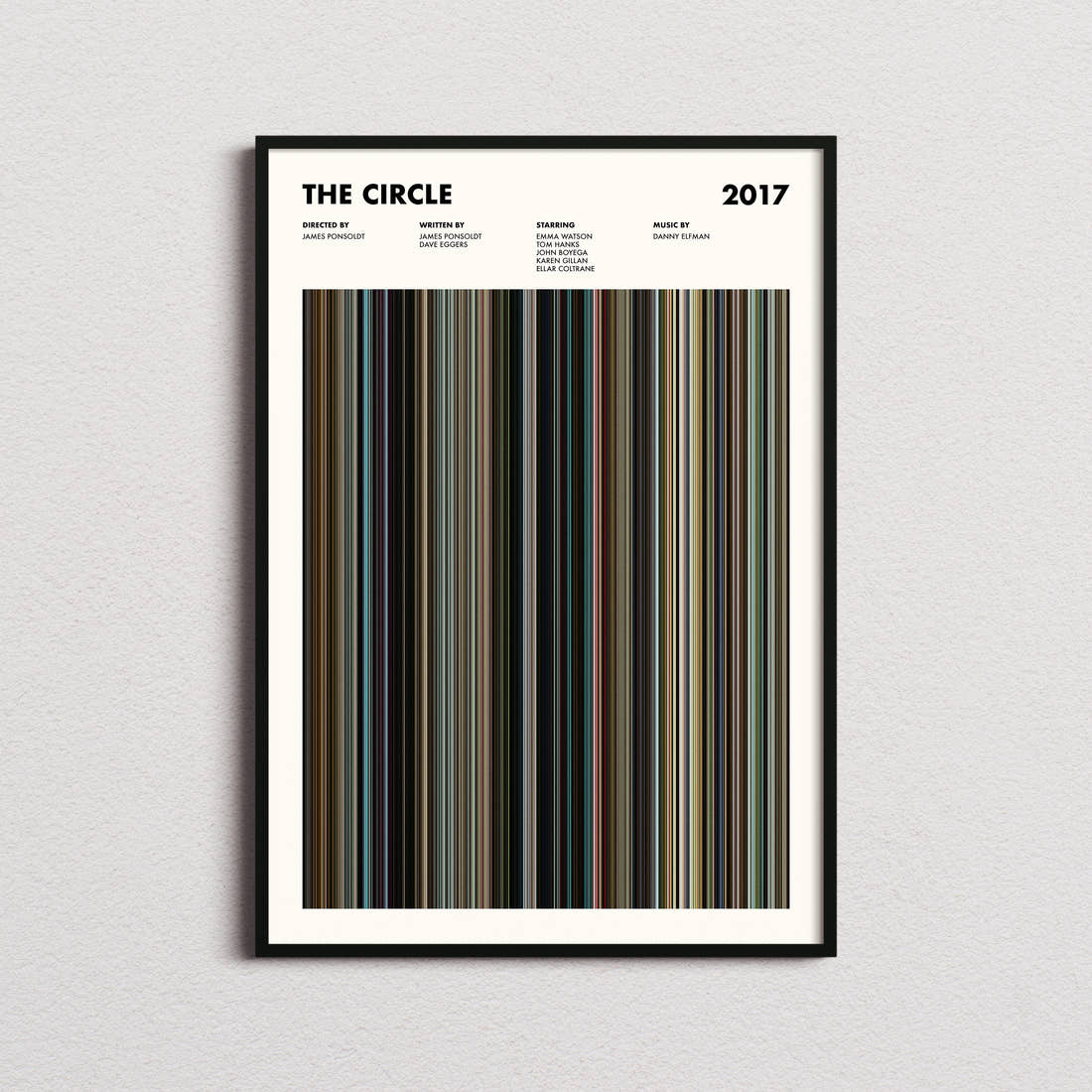 The Circle Movie Barcode Poster framed on a plain studio wall