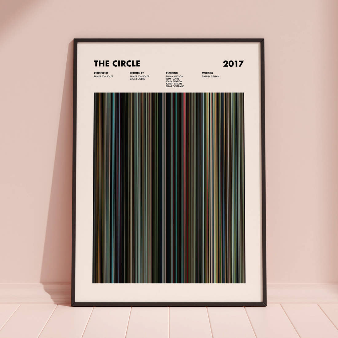 The Circle Movie Barcode Poster framed and leaning against a coloured wall