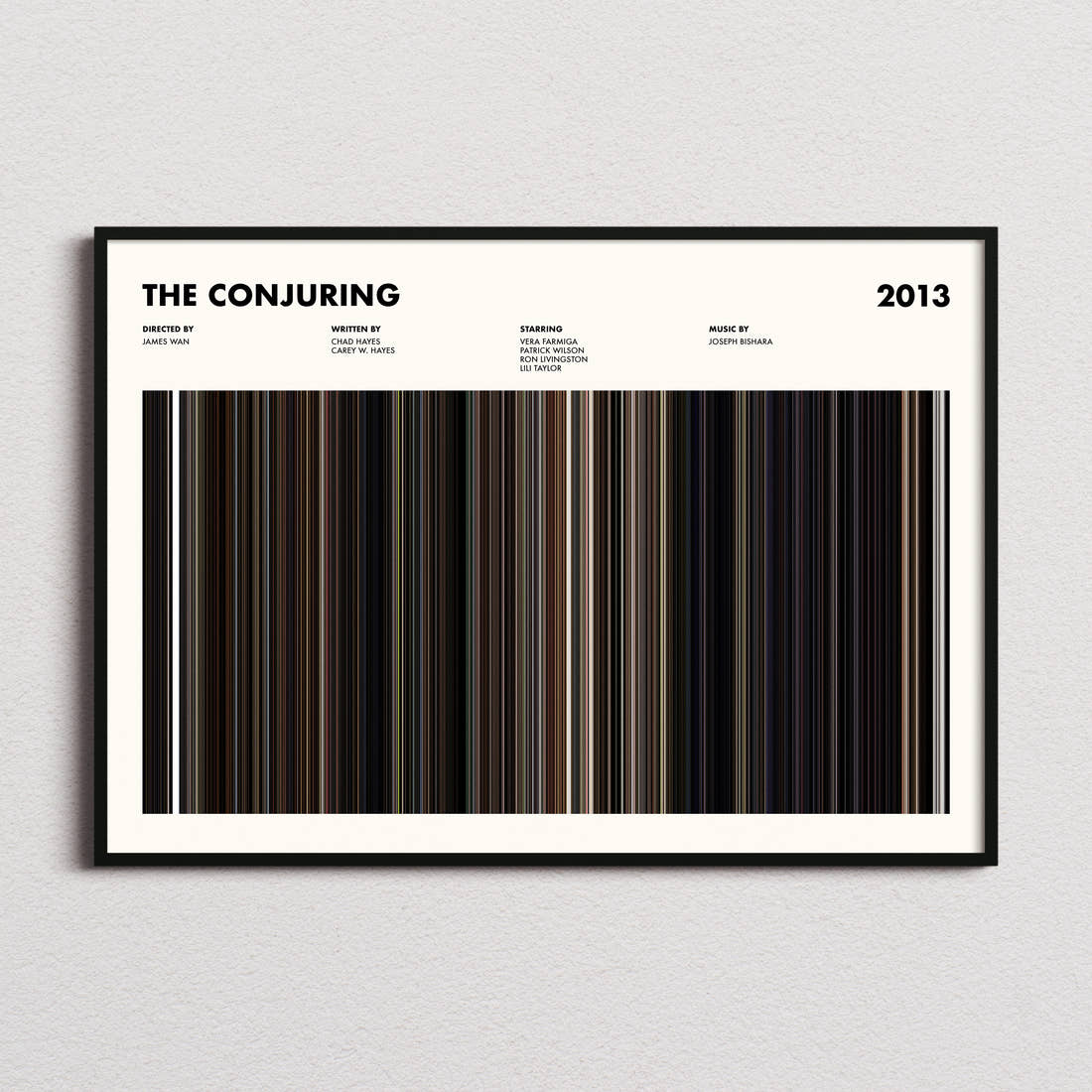 The Conjuring Movie Barcode Poster framed and photographed straight on