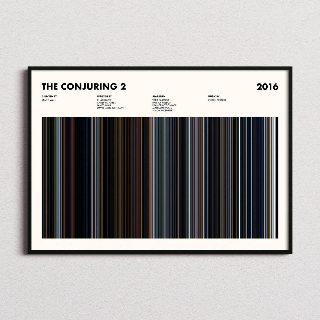 The Conjuring 2 Movie Barcode Poster framed and photographed straight on