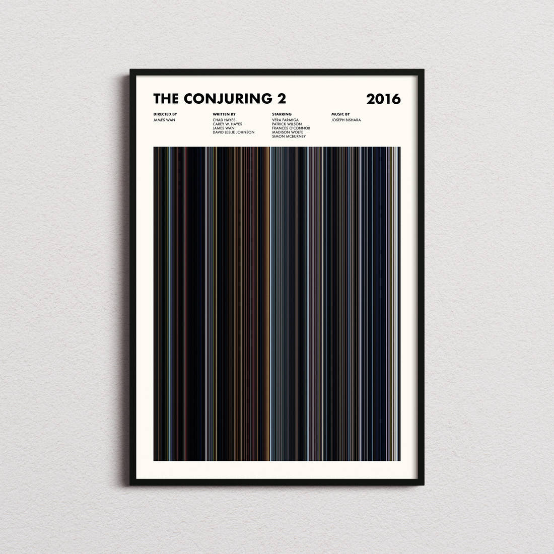 The Conjuring 2 Movie Barcode Poster framed on a plain studio wall