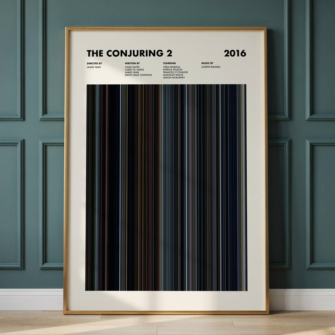 The Conjuring 2 Movie Barcode Poster framed and leaning against a panelled wall