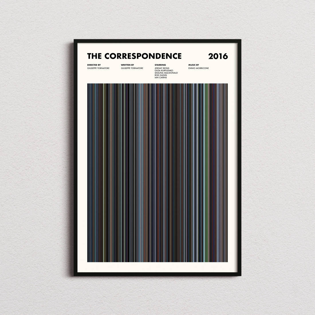 The Correspondence Movie Barcode Poster framed on a plain studio wall
