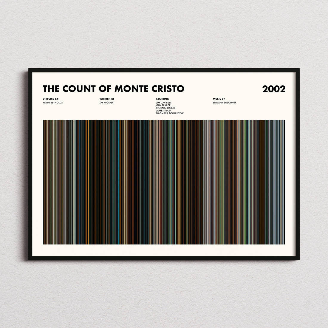 The Count of Monte Cristo (2002) Movie Barcode Poster framed and photographed straight on
