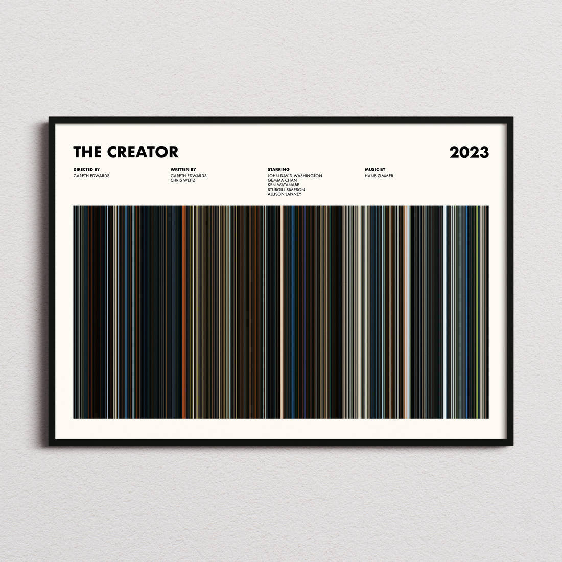 The Creator Movie Barcode Poster framed and photographed straight on
