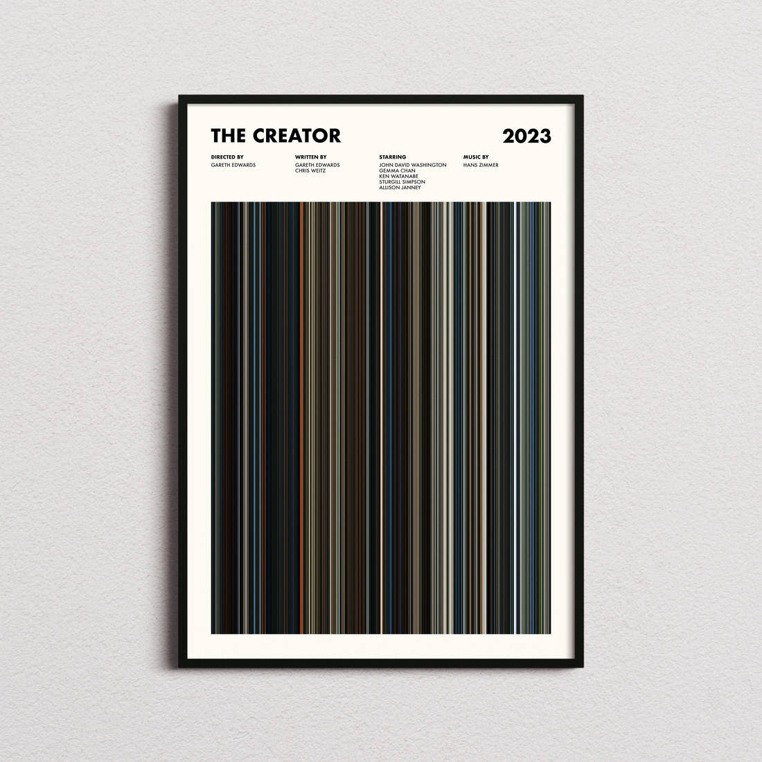 The Creator Movie Barcode Poster framed on a plain studio wall