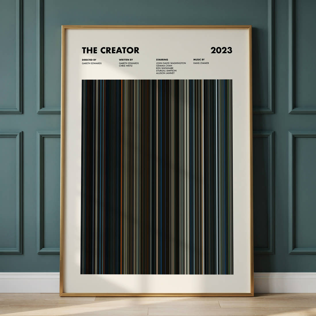 The Creator Movie Barcode Poster framed and leaning against a panelled wall