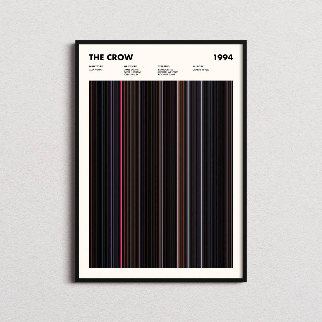 The Crow Movie Barcode Poster framed on a plain studio wall
