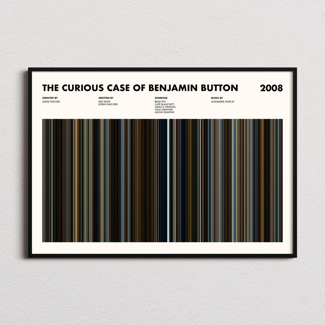 The Curious Case of Benjamin Button Movie Barcode Poster framed and photographed straight on