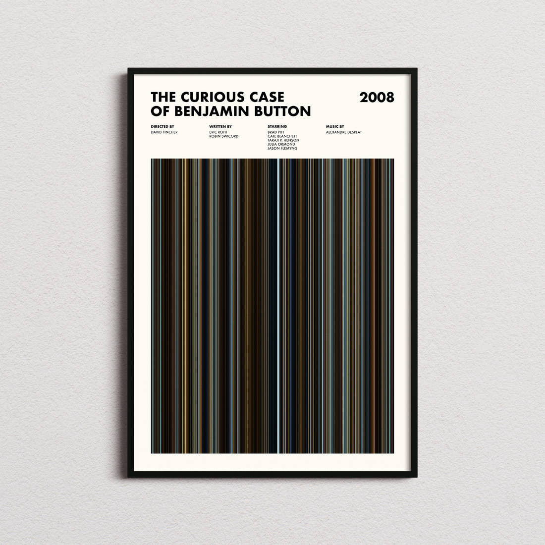 The Curious Case of Benjamin Button Movie Barcode Poster framed on a plain studio wall