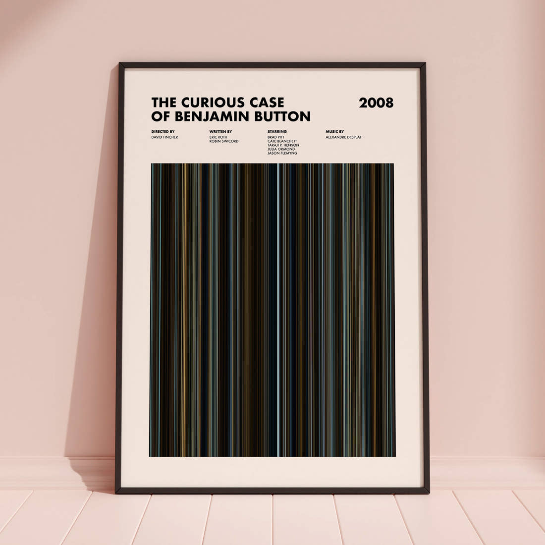 The Curious Case of Benjamin Button Movie Barcode Poster framed and leaning against a coloured wall