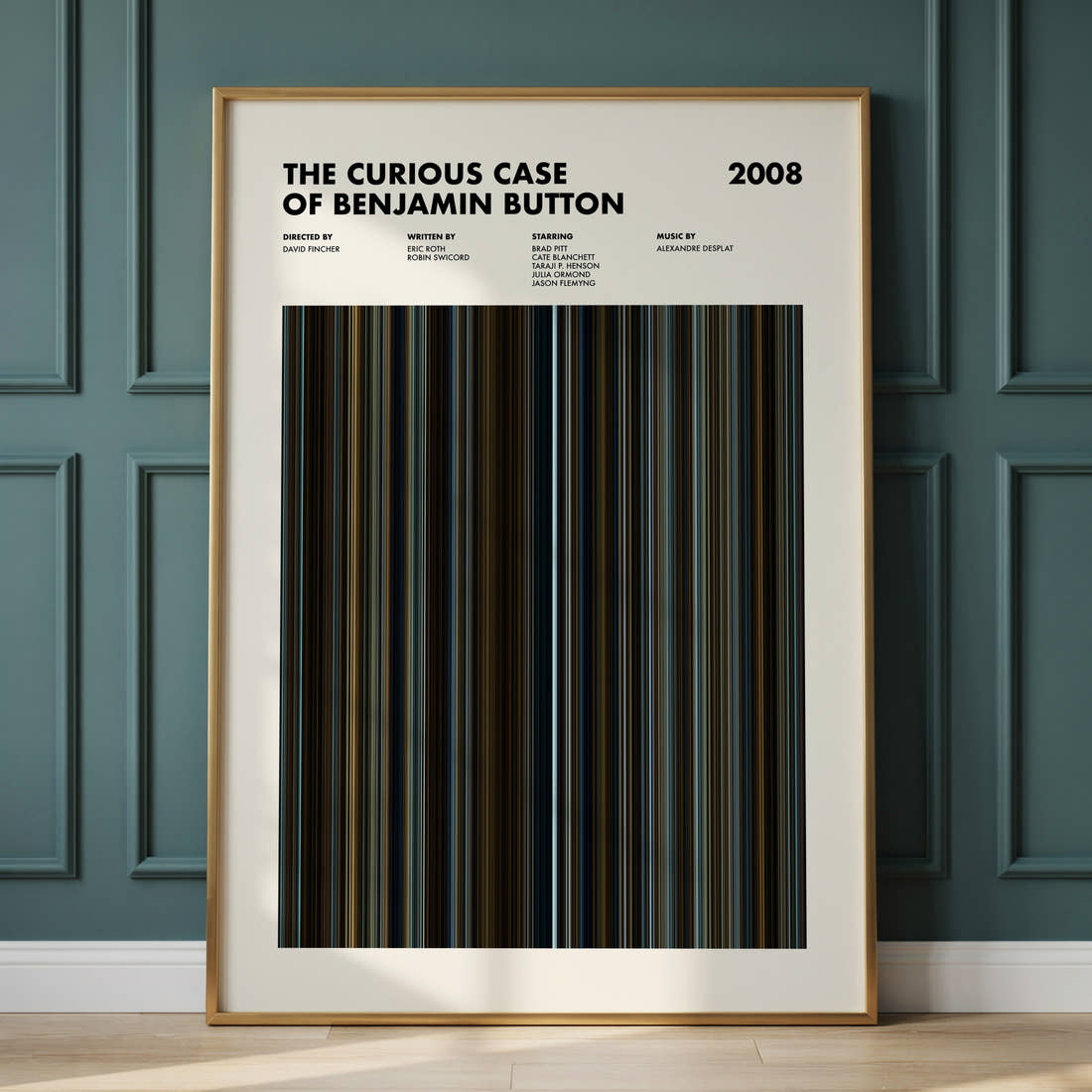 The Curious Case of Benjamin Button Movie Barcode Poster framed and leaning against a panelled wall