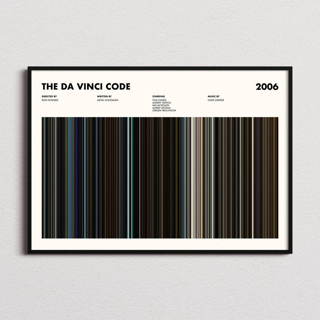 The Da Vinci Code Movie Barcode Poster framed and photographed straight on