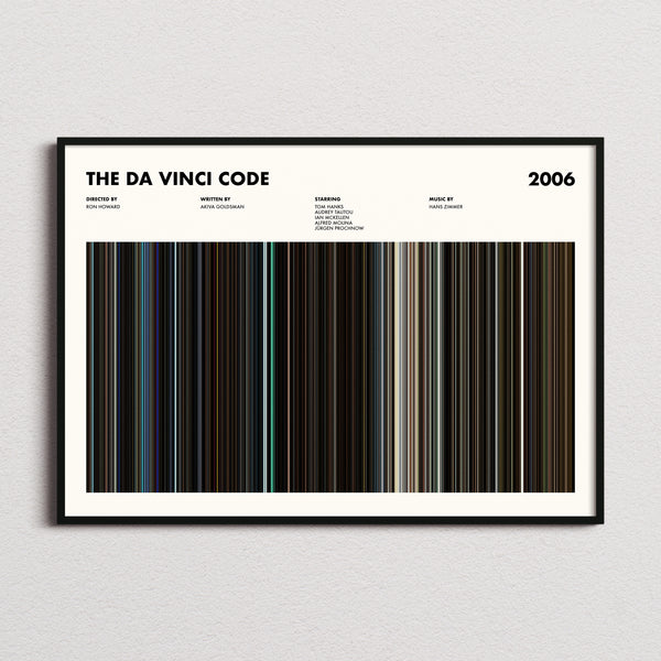The Da Vinci Code Movie Barcode Poster framed and photographed straight on