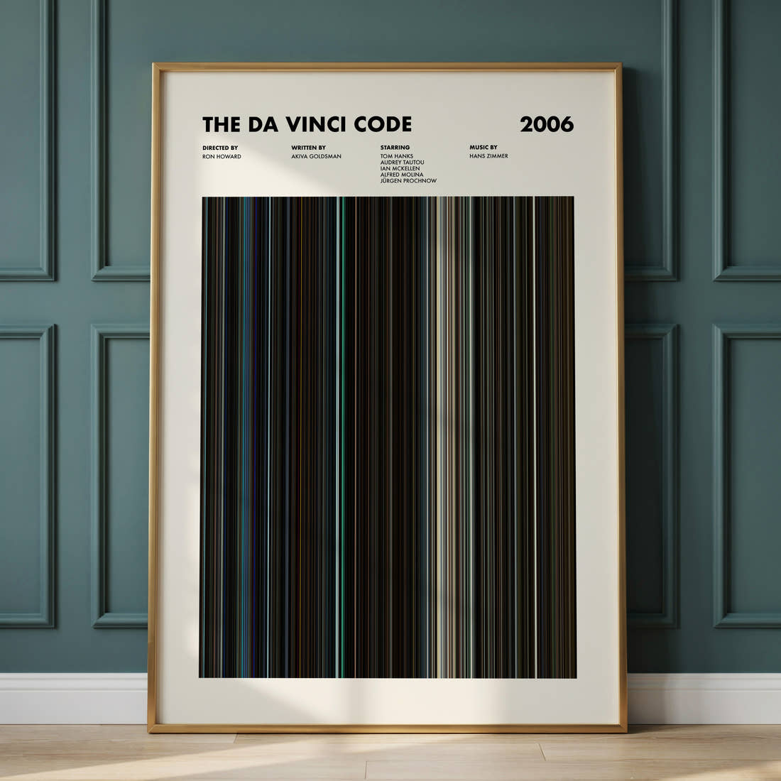The Da Vinci Code Movie Barcode Poster framed and leaning against a panelled wall